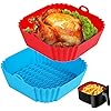2 PCS Square Silicone Air Fryer Liners - 8 Inch Reusable Air Fryer Pot - Air Fryer Accessories - Air Fryer Inserts for 4 to 7 QT Oven Microwave Accessories (Red + Blue)