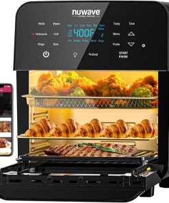 Nuwave Brio 15.5Qt Air Fryer Rotisserie Oven, X-Large Family Size, Powerful 1800W, 4 Rack Positions, 50°-425°F Temp Controls, 100 Presets & 50 Memory, Integrated Smart Thermometer, Linear T Technology
